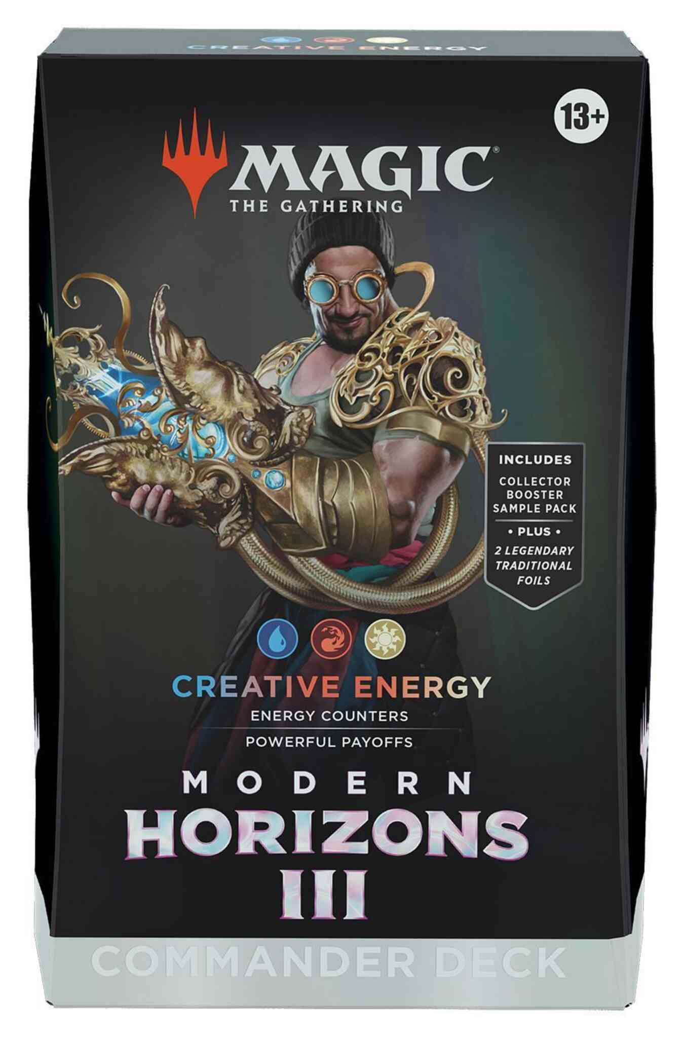 Verpakking Magic Modern Horizons 3 Commander deck Creative Energy met Satya, Aetherflux Genius