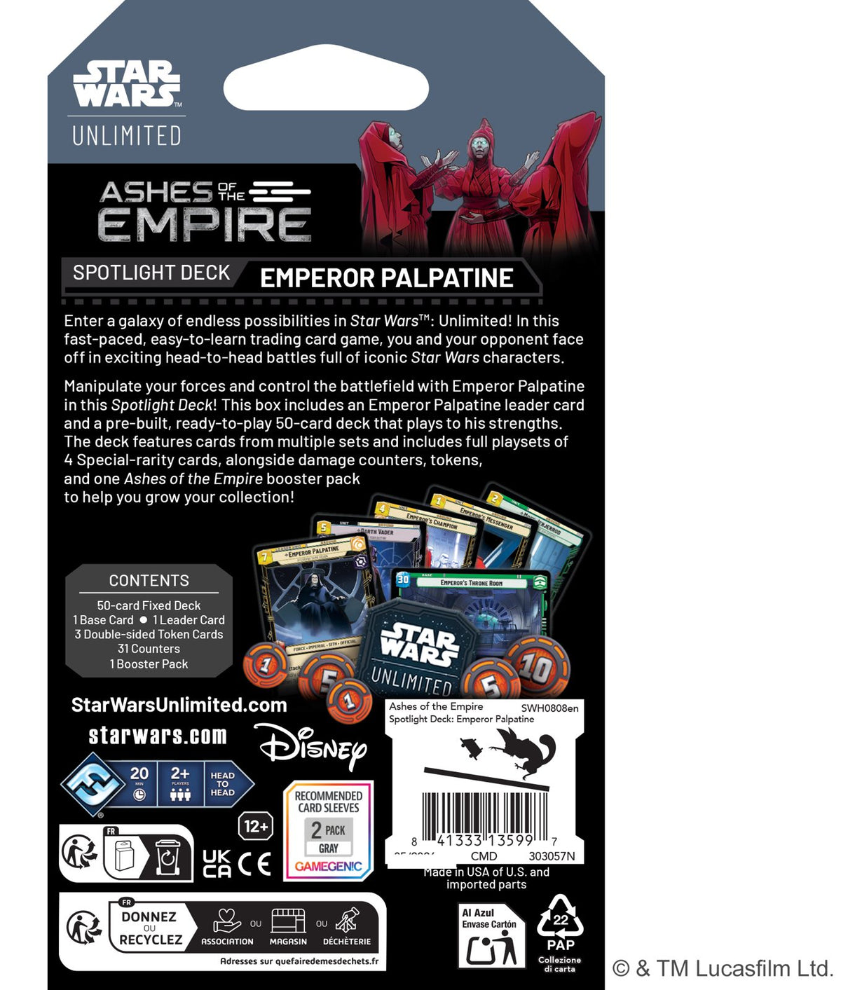Star Wars Unlimited Ashes of the Empire Spotlight Deck Emperor Palpatine - achterkant van de verpakking met inhoud