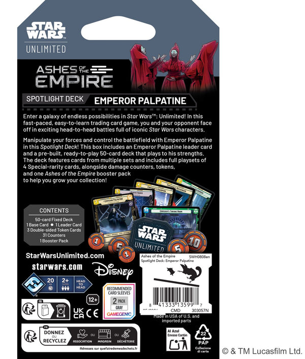 Star Wars Unlimited Ashes of the Empire Spotlight Deck Emperor Palpatine - achterkant van de verpakking met inhoud