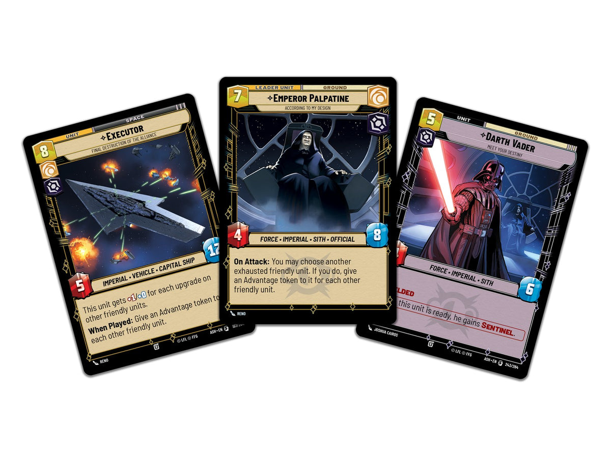 Star Wars Unlimited Ashes of the Empire Spotlight Deck Emperor Palpatine - voorbeeldkaarten uit het deck: Executor, Emperor Palpatine en Darth Vader