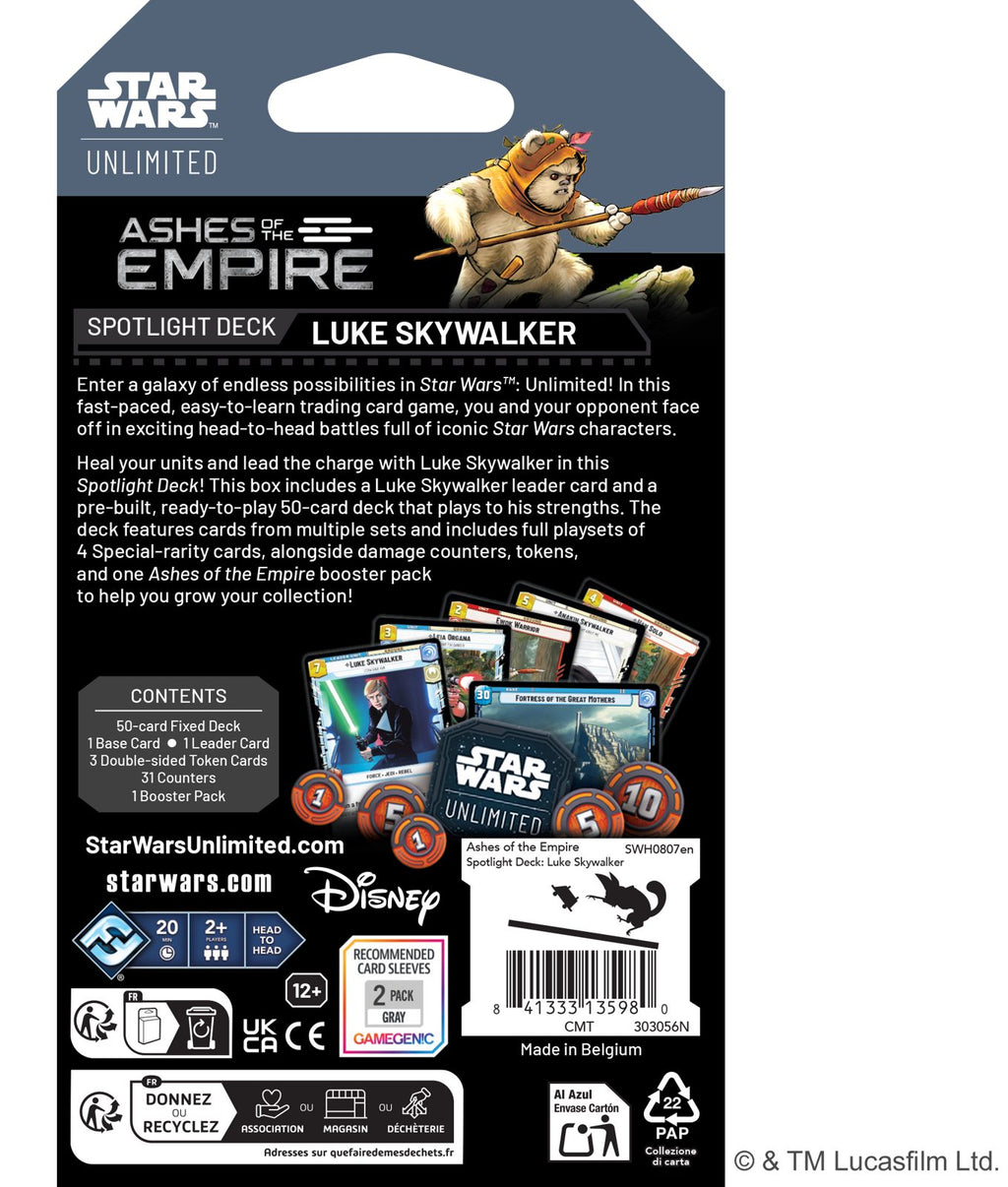 Star Wars Unlimited Ashes of the Empire Spotlight Deck Luke Skywalker - achterkant van de verpakking met inhoud