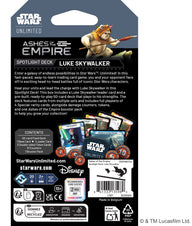 Star Wars Unlimited Ashes of the Empire Spotlight Deck Luke Skywalker - achterkant van de verpakking met inhoud