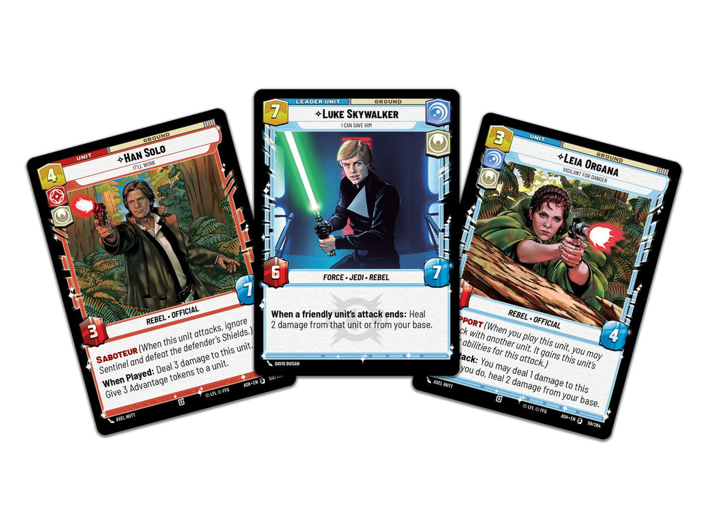 Star Wars Unlimited Ashes of the Empire Spotlight Deck Luke Skywalker - voorbeeldkaarten uit het deck: Han Solo, Luke Skywalker en Leia Organa