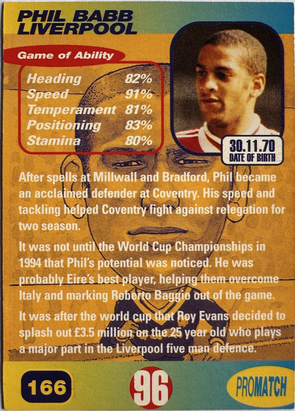 ProMatch 1996 Series 1 – Phil Babb – Liverpool – 166 – Engels – Near Mint – achterkant