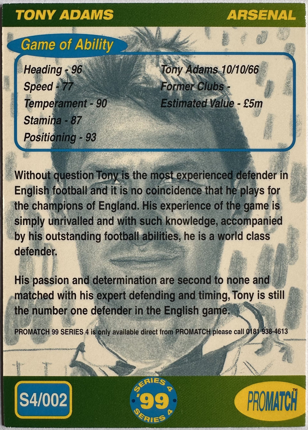 ProMatch Footballers ’99 Series 4 – Tony Adams – Arsenal – S4/002 – Engels – Near Mint – achterkant
