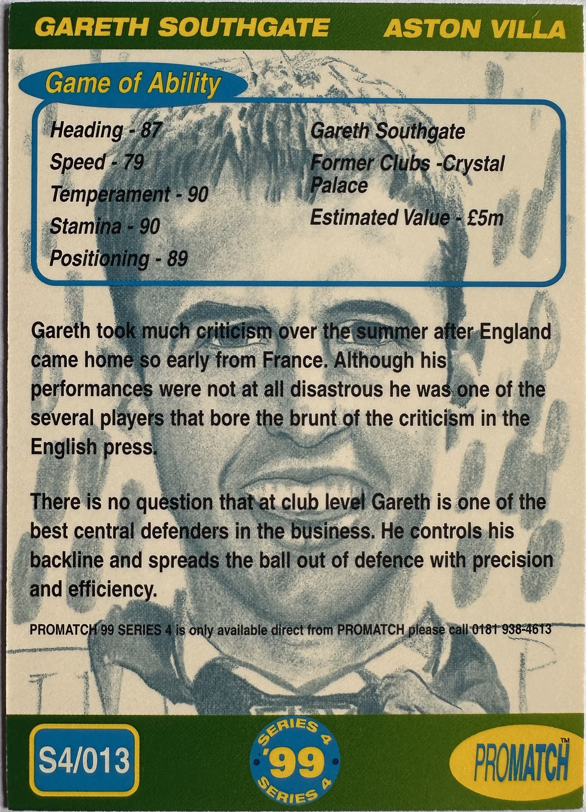 ProMatch Footballers ’99 Series 4 – Gareth Southgate – Aston Villa – S4/013 – Engels – Near Mint – achterkant