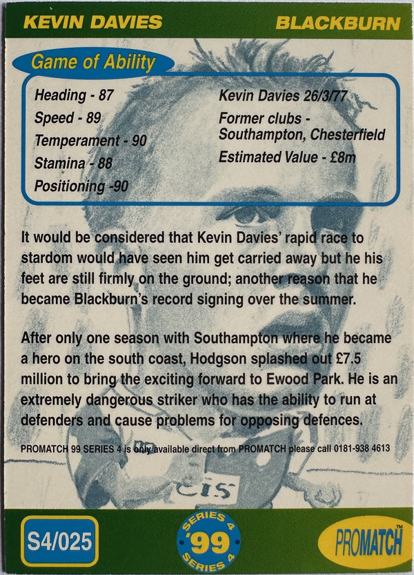ProMatch Footballers ’99 Series 4 – Kevin Davies – Blackburn Rovers – S4/025 – Engels – Near Mint – achterkant