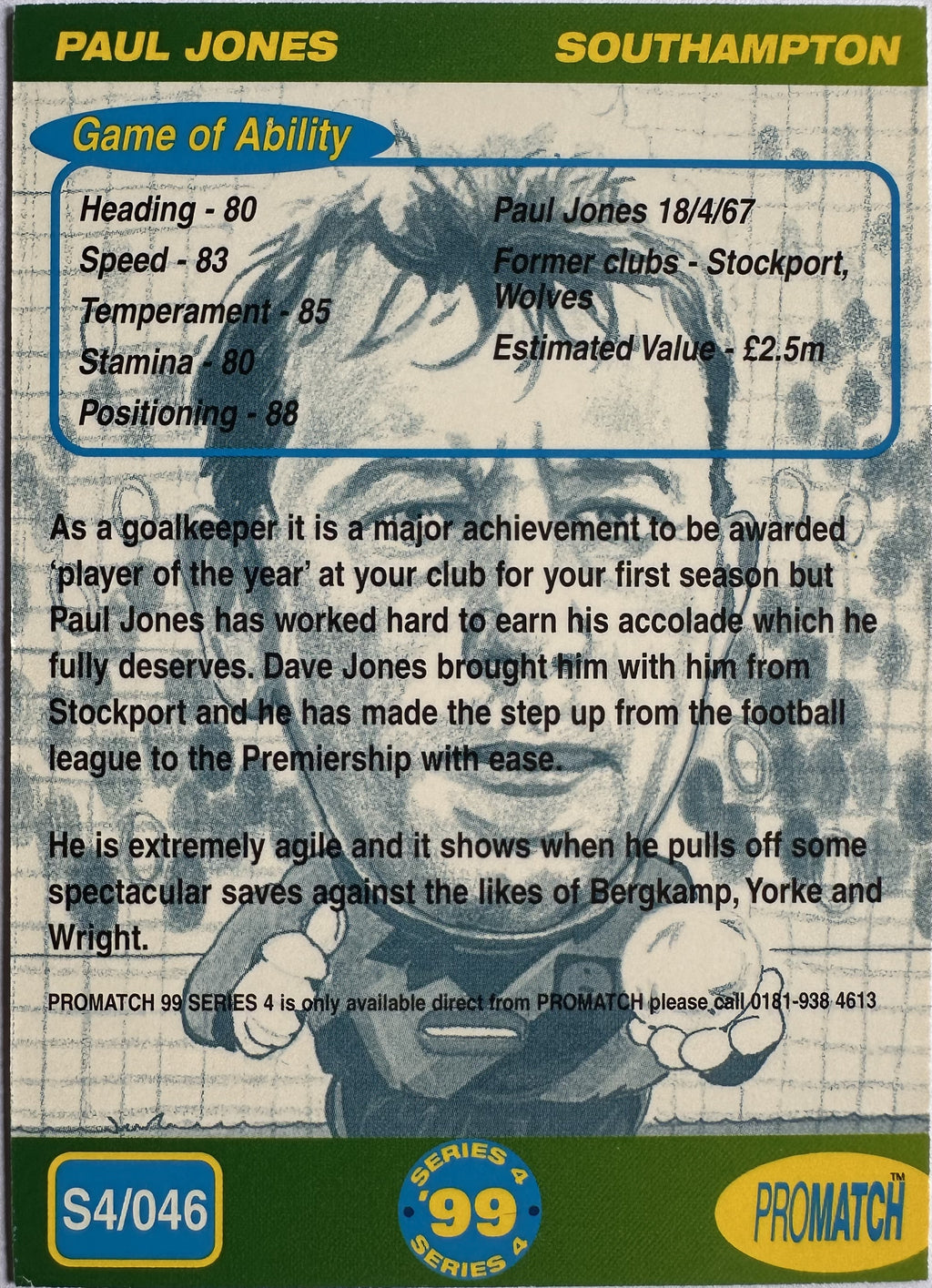 ProMatch Footballers ’99 Series 4 – Paul Jones – Southampton – S4/046 – Engels – Near Mint – achterkant