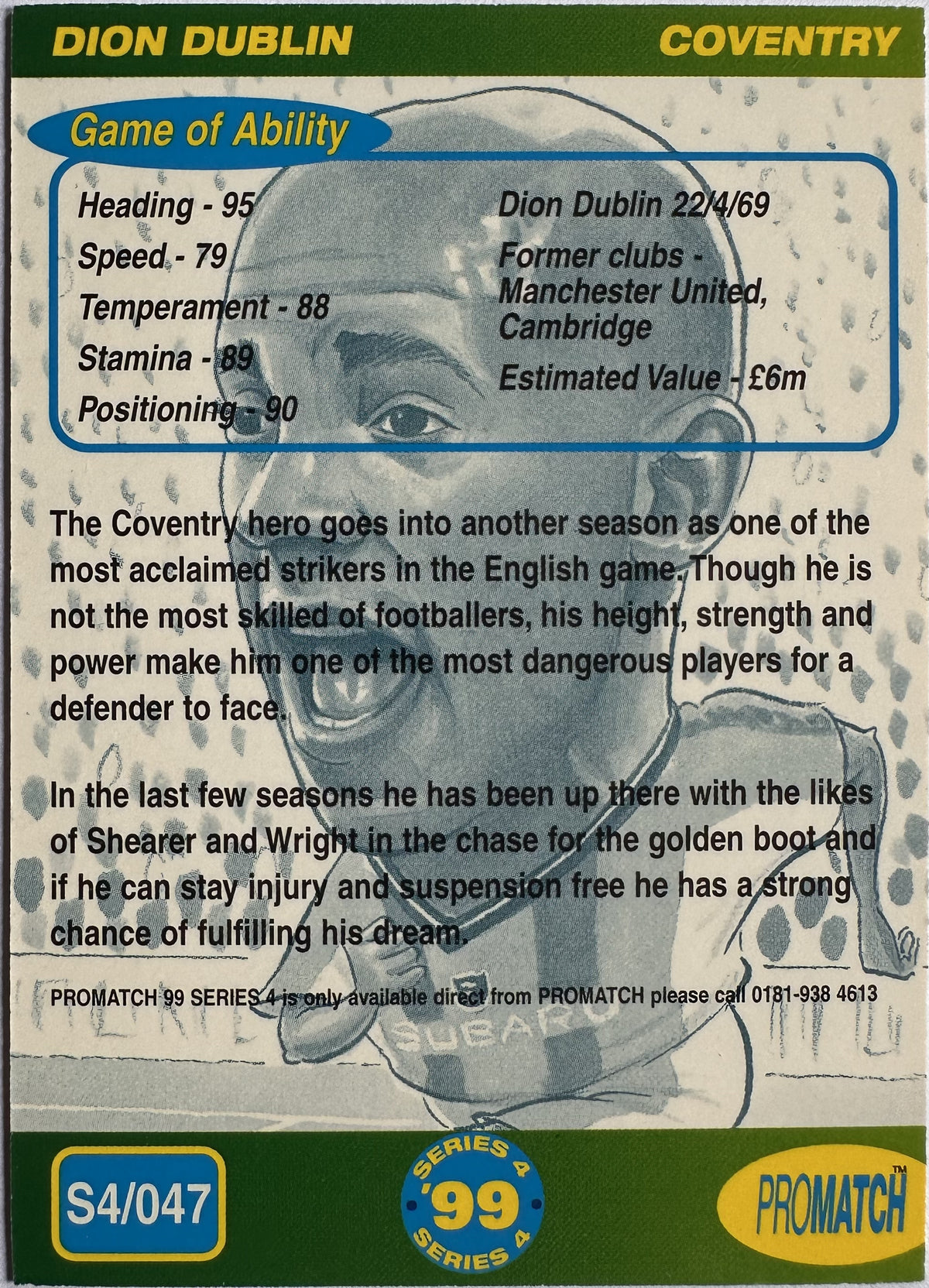 ProMatch Footballers ’99 Series 4 – Dion Dublin – Coventry City – S4/047 – Engels – Near Mint – achterkant