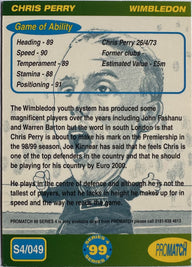 ProMatch Footballers ’99 Series 4 – Chris Perry – Wimbledon – S4/049 – Engels – achterkant | Lichcards