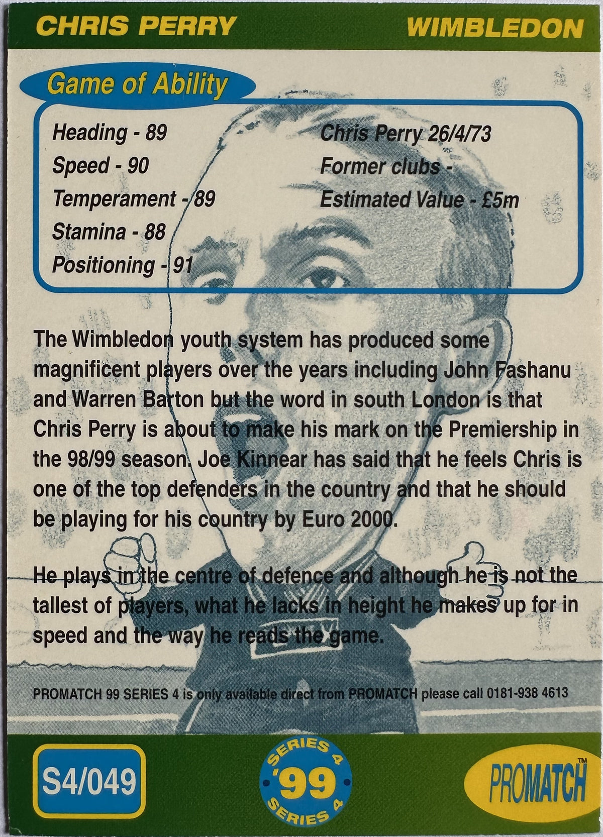 ProMatch Footballers ’99 Series 4 – Chris Perry – Wimbledon – S4/049 – Engels – Near Mint – achterkant