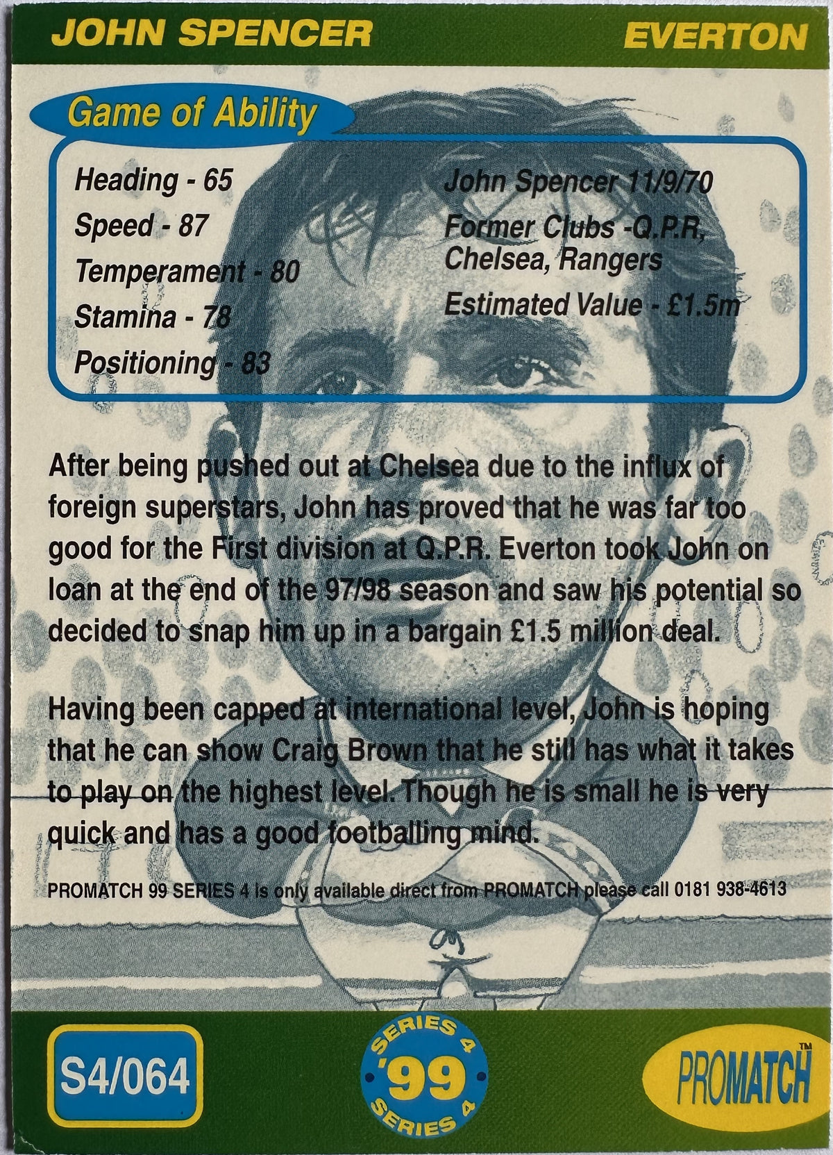 ProMatch Footballers ’99 Series 4 – John Spencer – Everton – S4/064 – Engels – Near Mint – achterkant