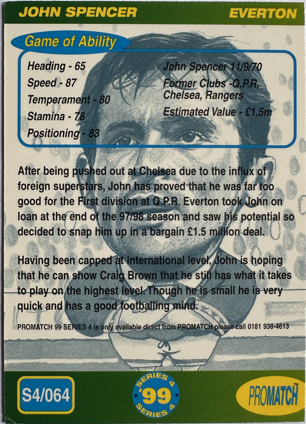 ProMatch Footballers ’99 Series 4 – John Spencer – Everton – S4/064 – Engels – Near Mint – achterkant