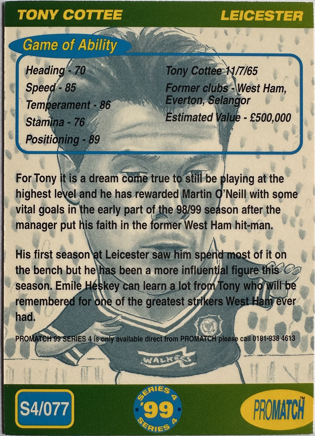 ProMatch Footballers ’99 Series 4 – Tony Cottee – Leicester City – S4/077 – Engels – Near Mint – achterkant