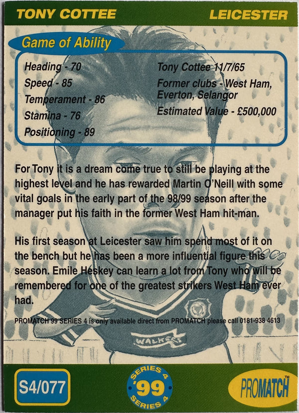 ProMatch Footballers ’99 Series 4 – Tony Cottee – Leicester City – S4/077 – Engels – Near Mint – achterkant