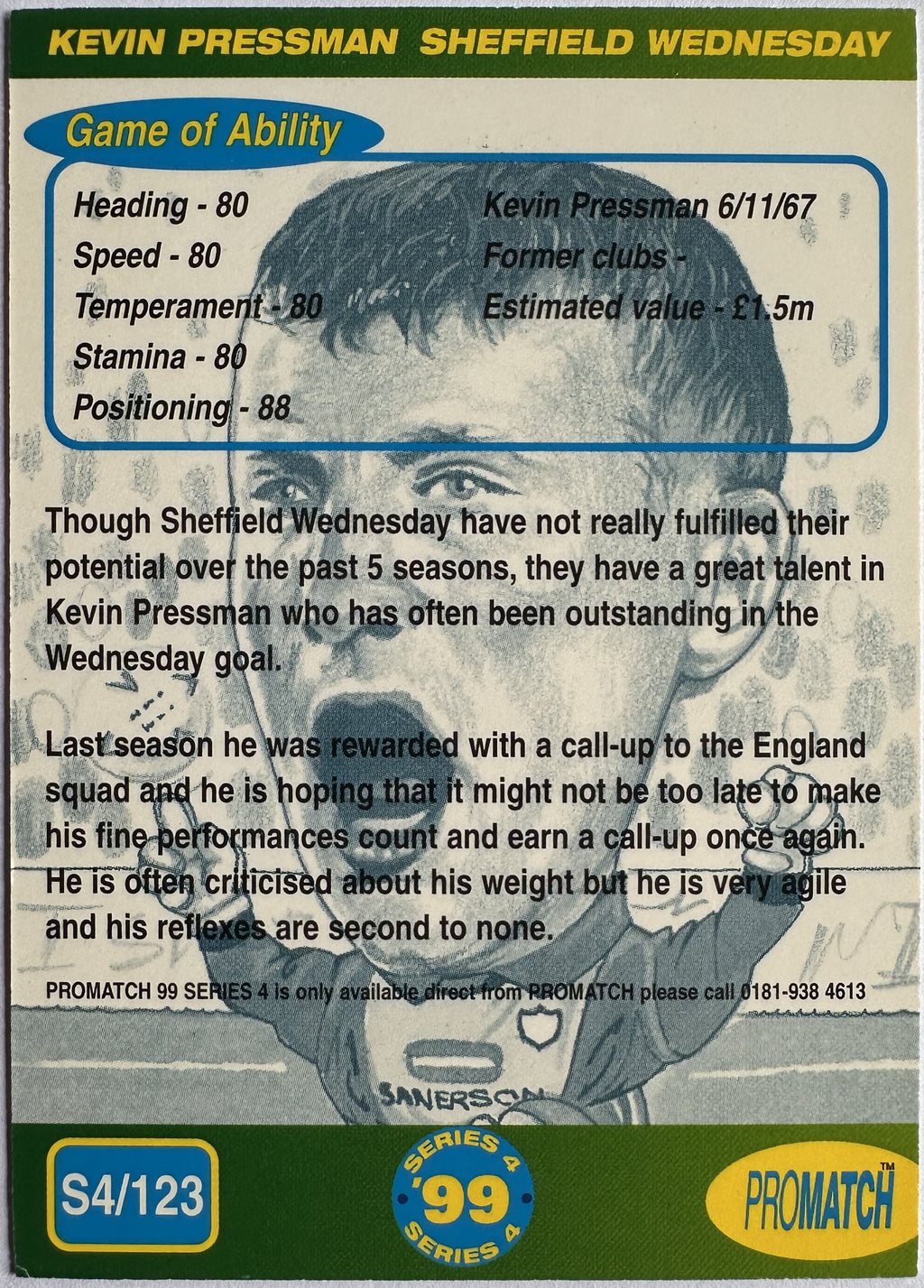ProMatch Footballers ’99 Series 4 – Kevin Pressman – Sheffield Wednesday – S4/123 – Engels – Near Mint – achterkant