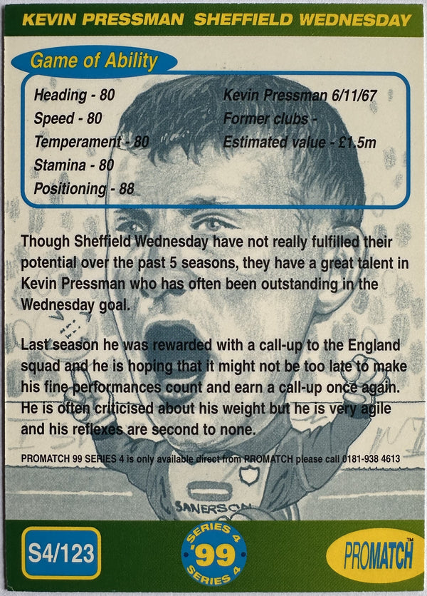 ProMatch Footballers ’99 Series 4 – Kevin Pressman – Sheffield Wednesday – S4/123 – Engels – Near Mint – achterkant