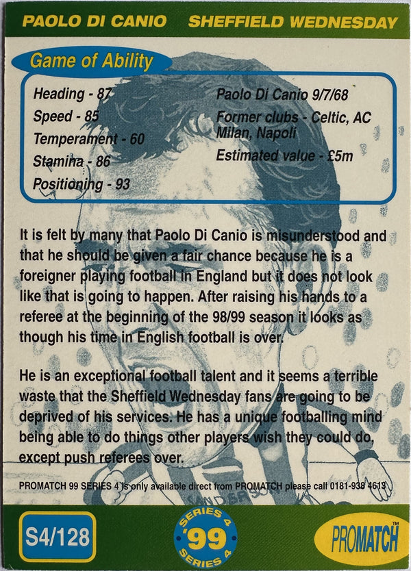 ProMatch Footballers ’99 Series 4 – Paolo Di Canio – Sheffield Wednesday – S4/128 – Engels – Near Mint – achterkant