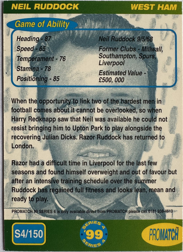 ProMatch Footballers ’99 Series 4 – Neil Ruddock – West Ham United – S4/150 – Engels – Near Mint – achterkant