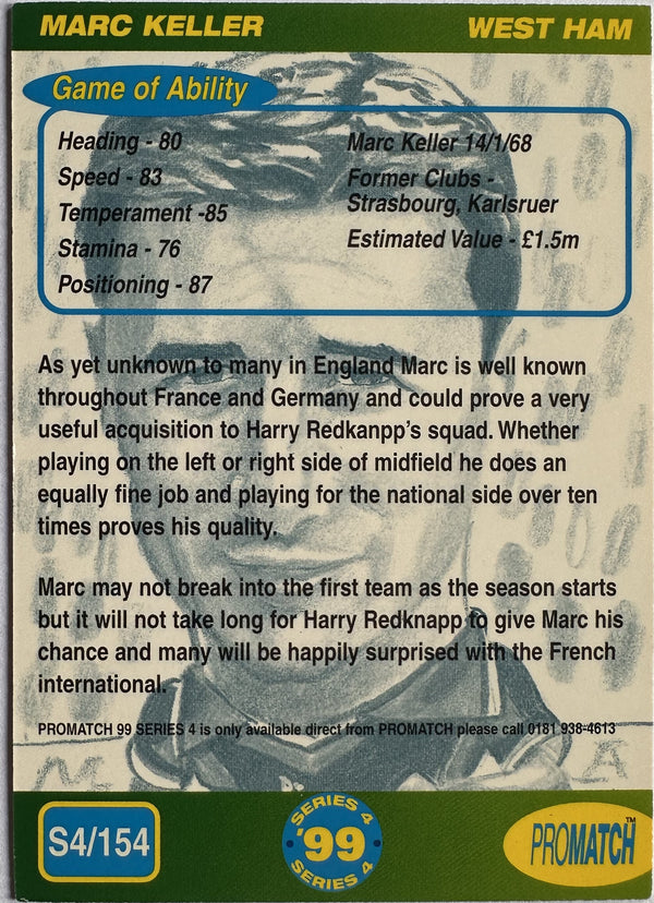 ProMatch Footballers ’99 Series 4 – Marc Keller – West Ham United – S4/154 – Engels – Near Mint – achterkant