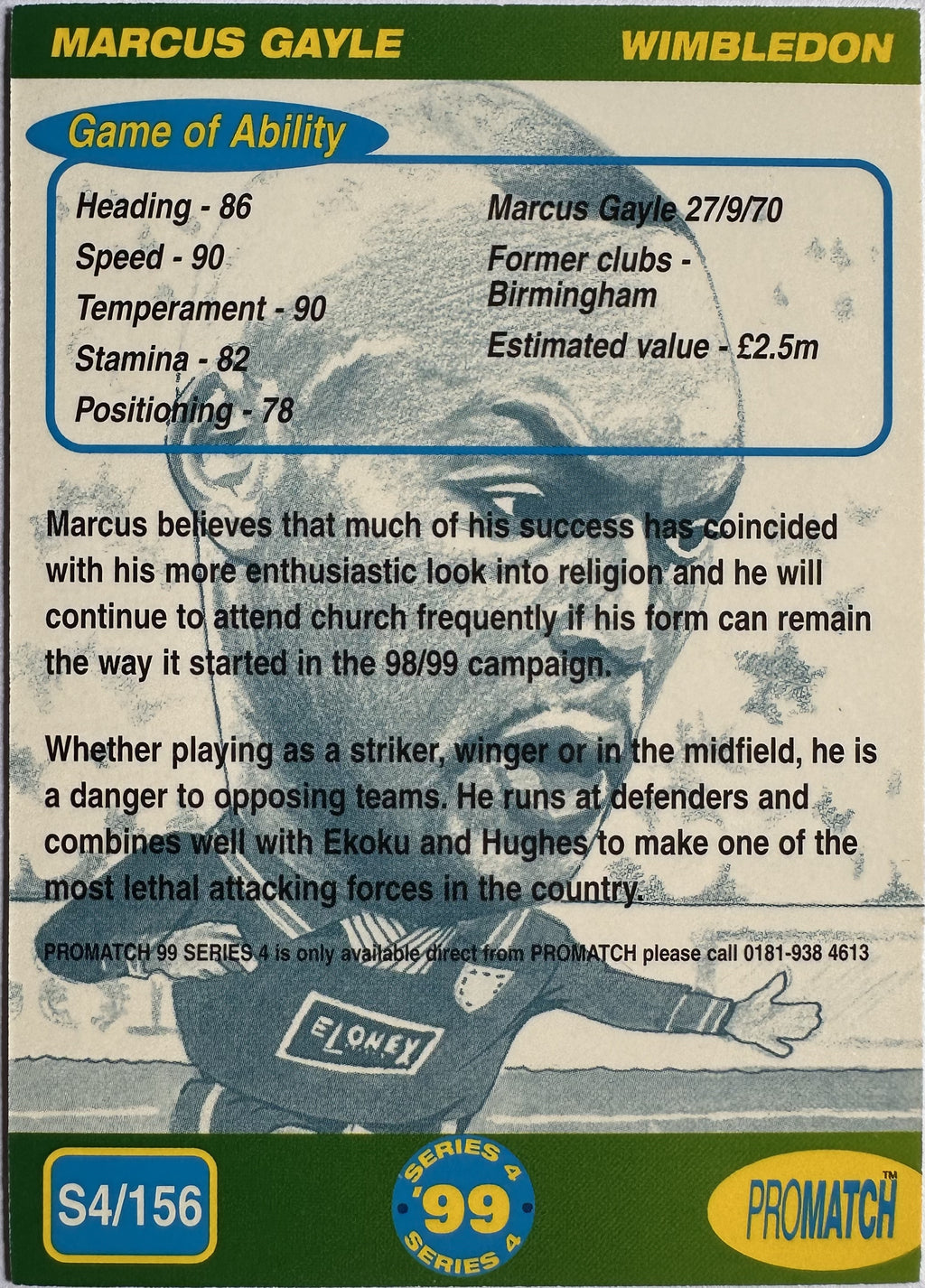 ProMatch Footballers ’99 Series 4 – Marcus Gayle – Wimbledon – S4/156 – Engels – Near Mint – achterkant