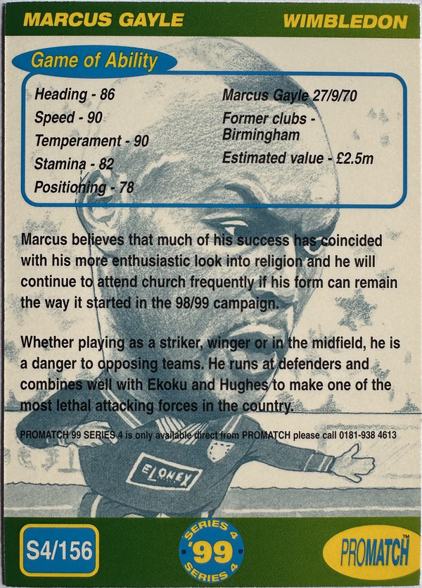 ProMatch Footballers ’99 Series 4 – Marcus Gayle – Wimbledon – S4/156 – Engels – Near Mint – achterkant