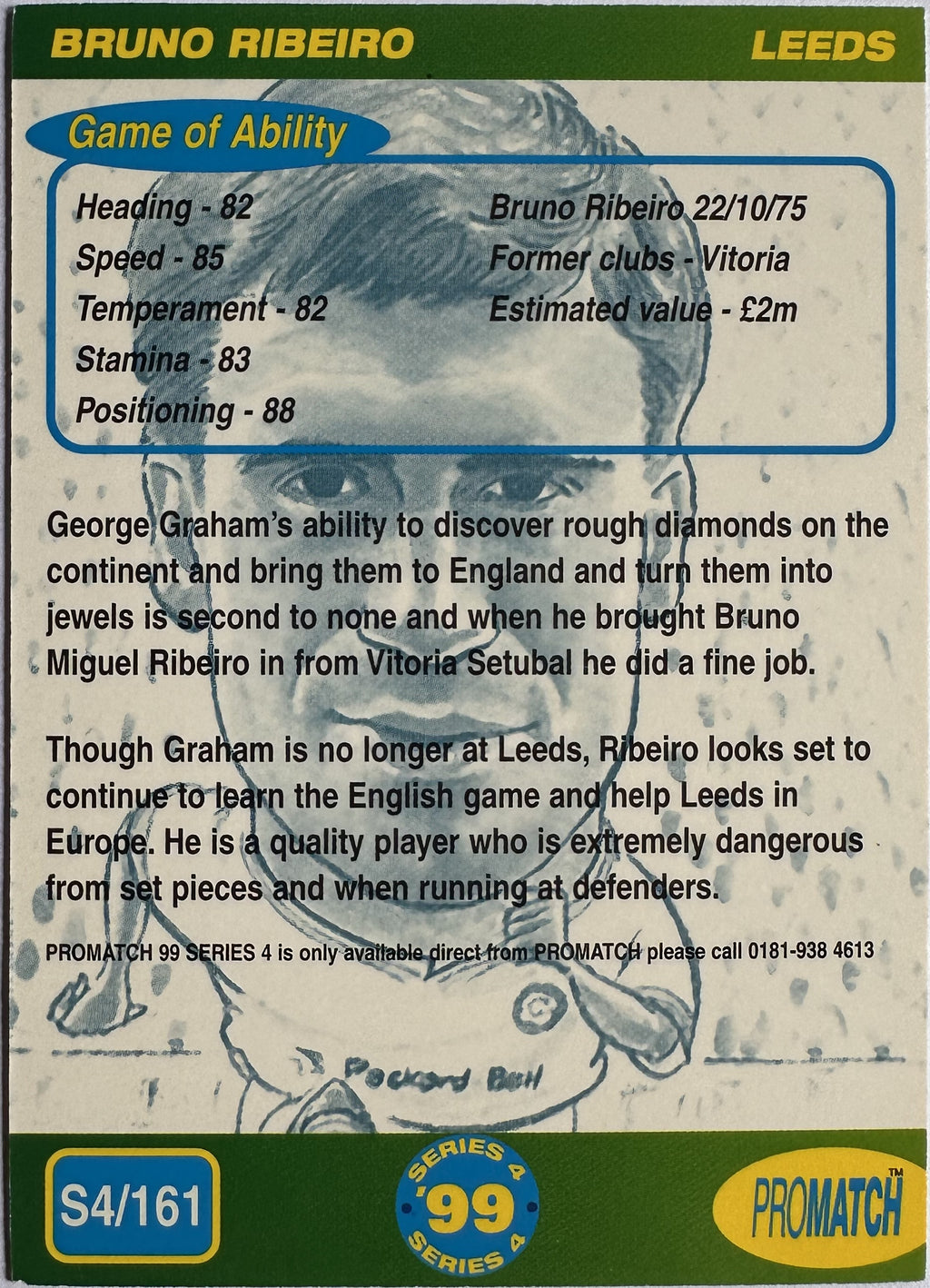 ProMatch Footballers ’99 Series 4 – Bruno Ribeiro – Leeds United – S4/161 – Engels – Near Mint – achterkant