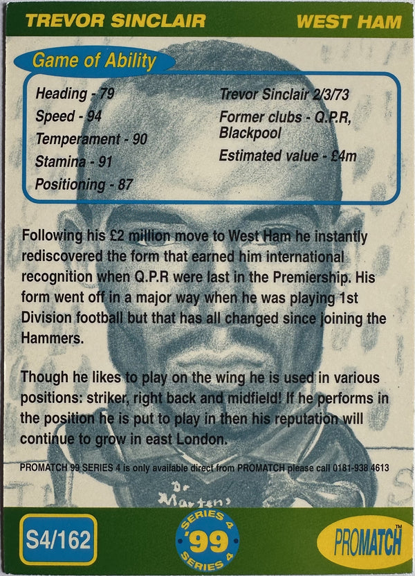 ProMatch Footballers ’99 Series 4 – Trevor Sinclair – West Ham United – S4/162 – Engels – Near Mint – achterkant