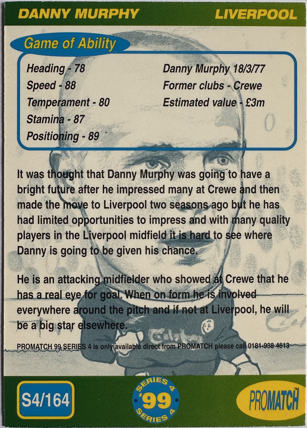 ProMatch Footballers ’99 Series 4 – Danny Murphy – Liverpool – S4/164 – Engels – Near Mint – achterkant