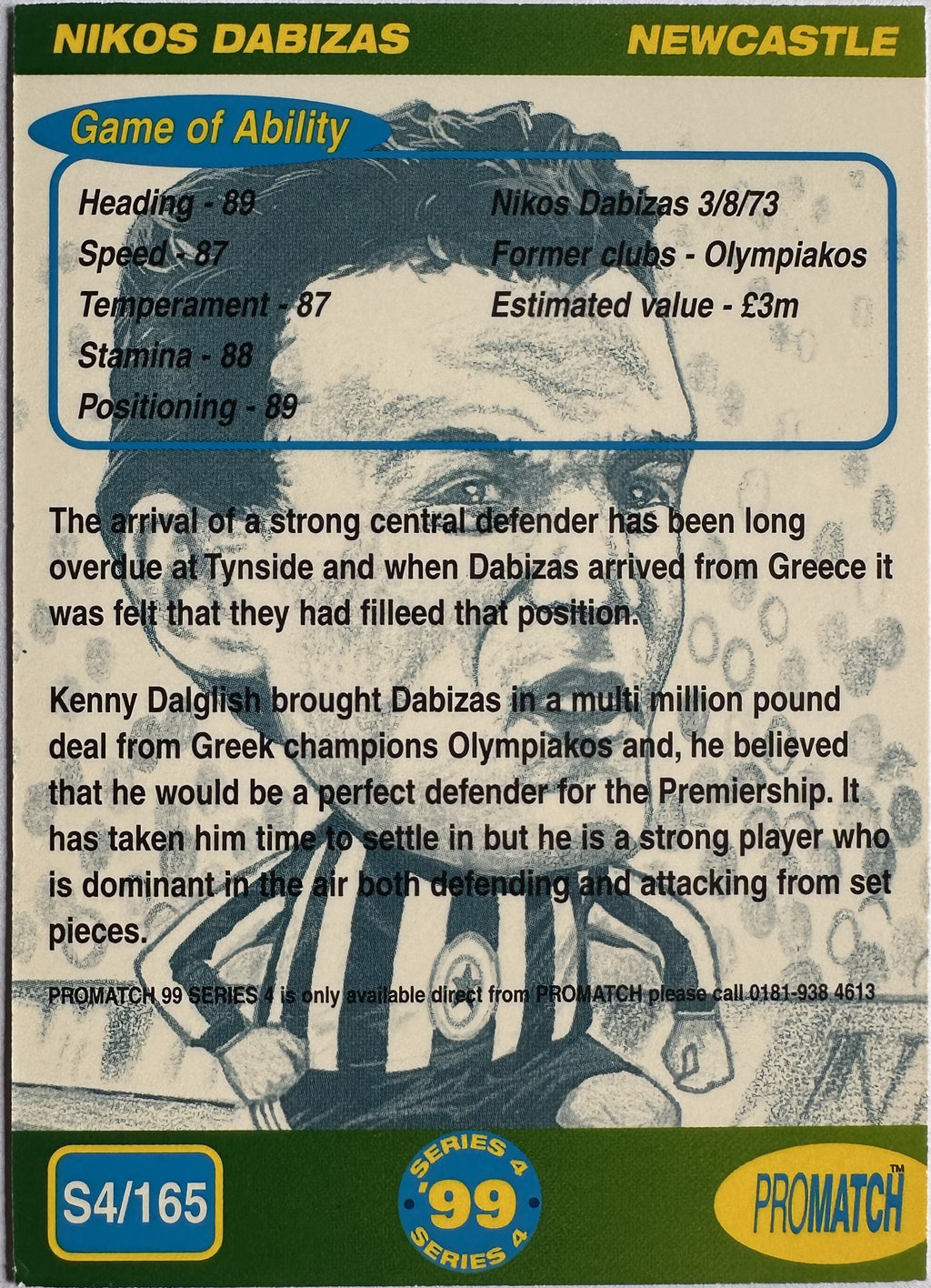 ProMatch Footballers ’99 Series 4 – Nikos Dabizas – Newcastle United – S4/165 – Engels – Near Mint – achterkant
