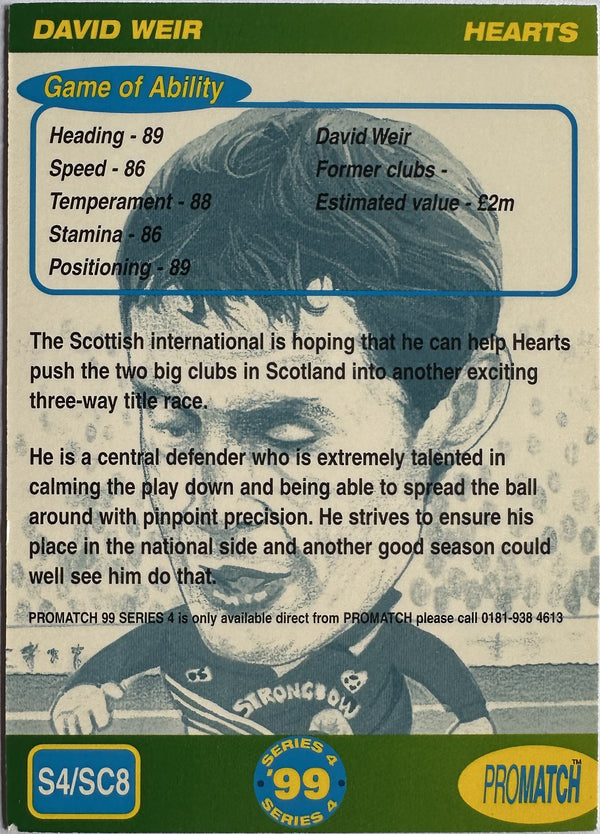 ProMatch Footballers ’99 Series 4 – David Weir – Heart of Midlothian – S4/SC8 – Engels – Near Mint – achterkant