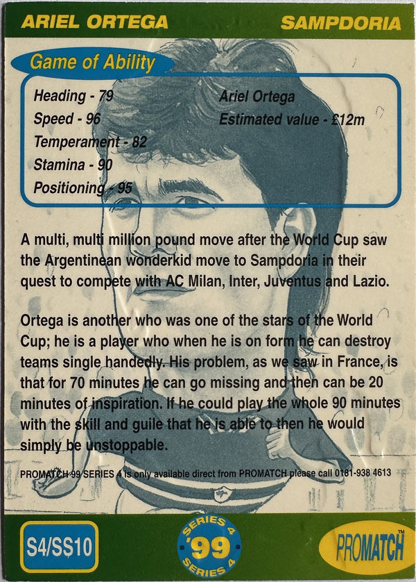ProMatch Footballers ’99 Series 4 – Ariel Ortega – Sampdoria – S4/SS10 – Engels – Near Mint – achterkant