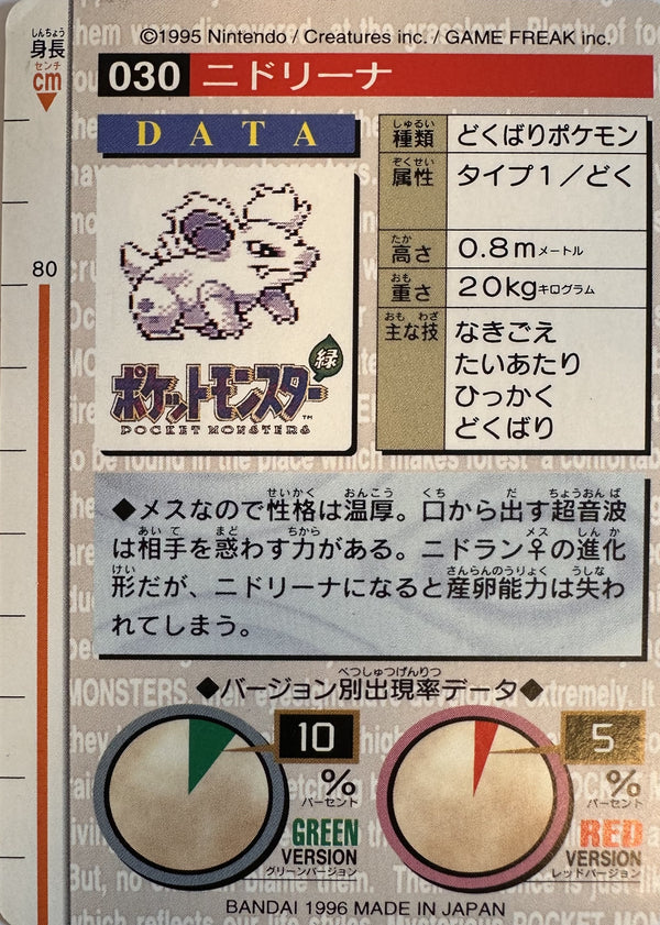 Nidorina #030 Green Pokemon Japanese 1996 Monsters Collection Bandai Carddass - achterkant