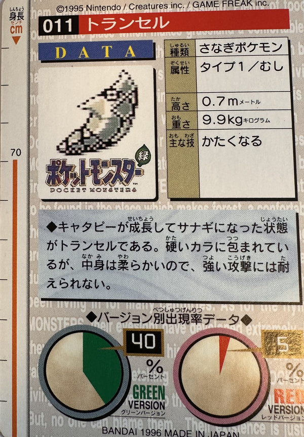 Metapod #011 Green Pokemon Japanese 1996 Monsters Collection Bandai Carddass - achterkant