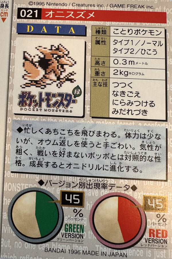 Spearow #021 Red Pokemon Japanese 1996 Monsters Collection Bandai Carddass - achterkant