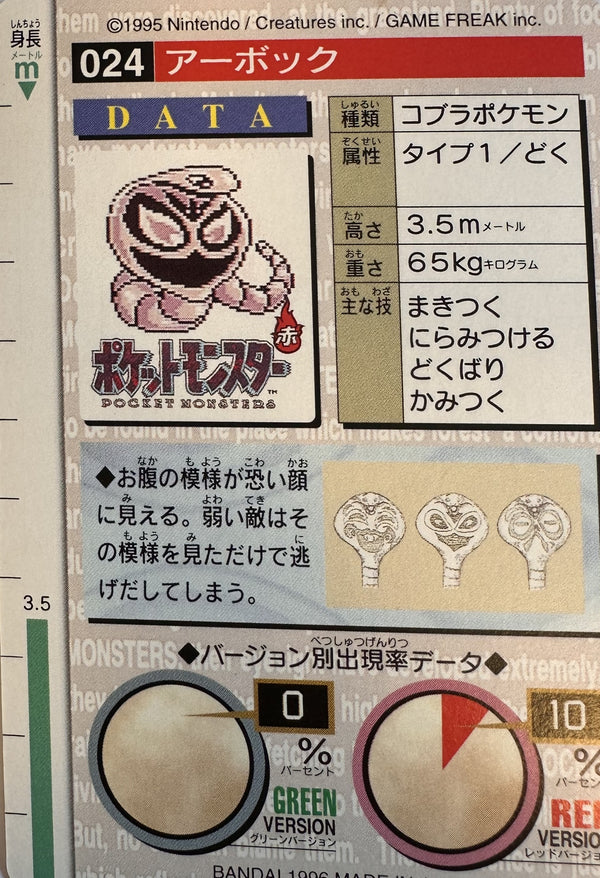 Arbok #024 Green Pokemon Japanese 1996 Monsters Collection Bandai Carddass - achterkant