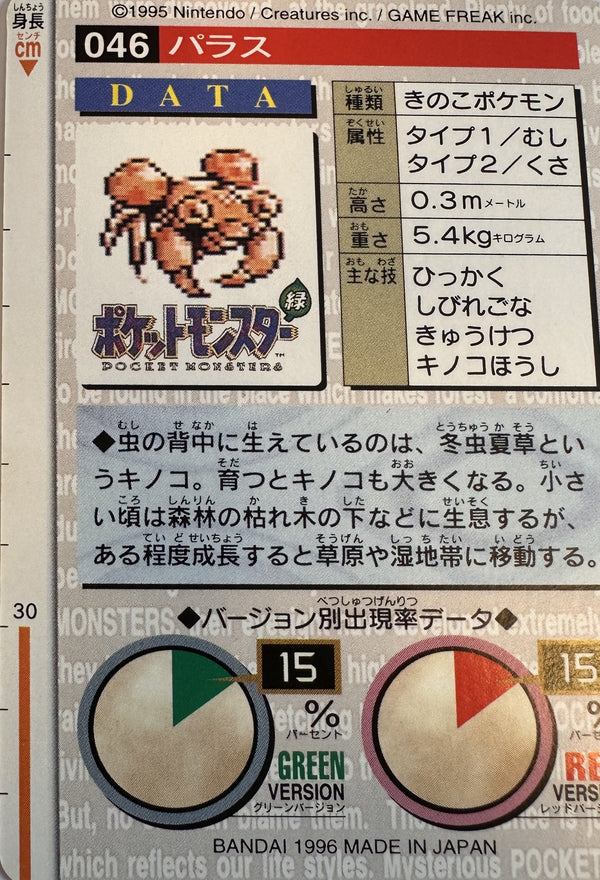 Paras #046 Green Pokemon Japanese 1996 Monsters Collection Bandai Carddass - achterkant
