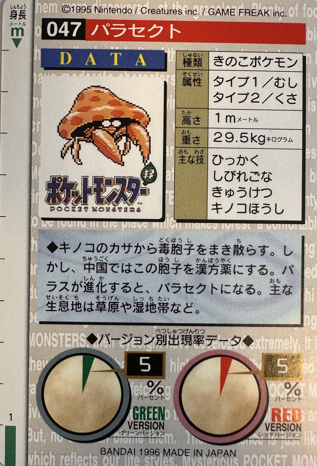 Parasect #047 Red Pokemon Japanese 1996 Monsters Collection Bandai Carddass - achterkant