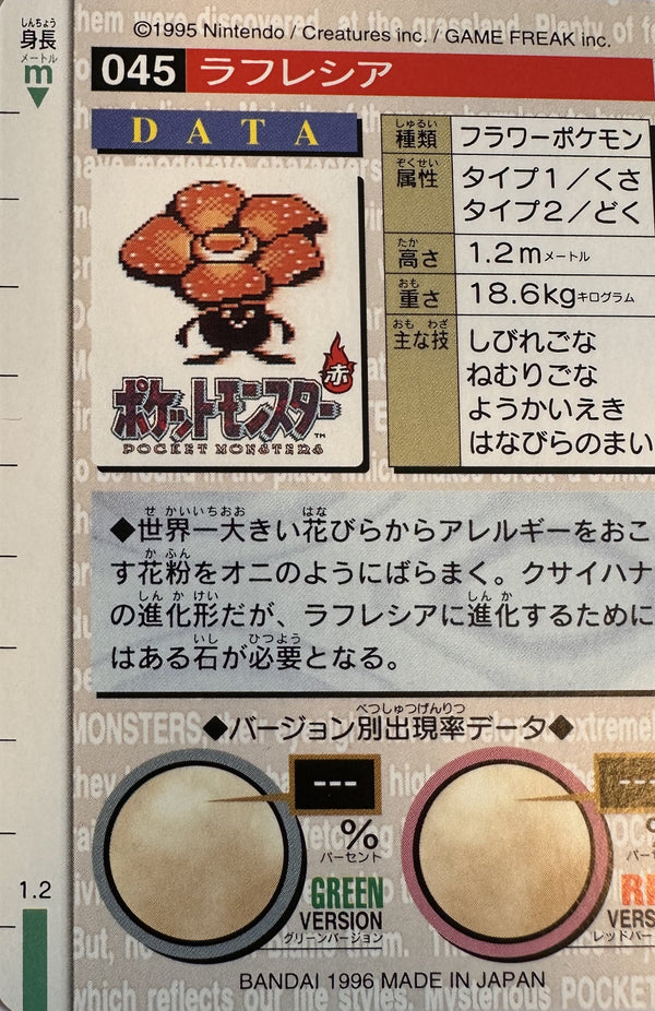 Vileplume #045 Red Pokemon Japanese 1996 Monsters Collection Bandai Carddass - achterkant