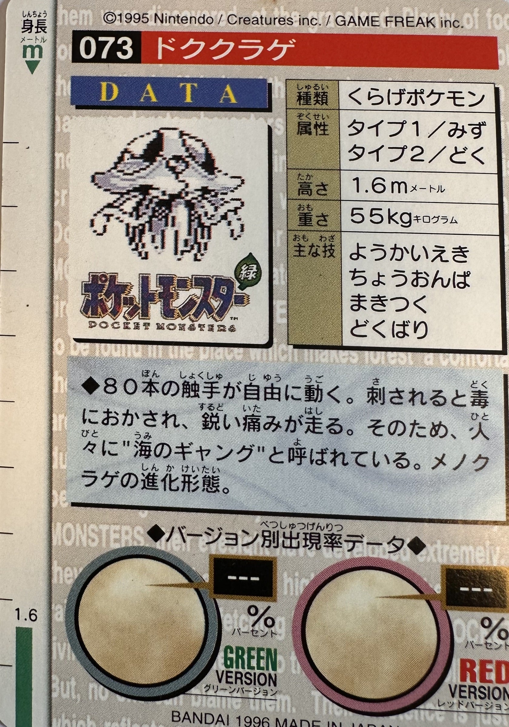 Tentacruel #073 Green Pokemon Japanese 1996 Monsters Collection Bandai Carddass - achterkant
