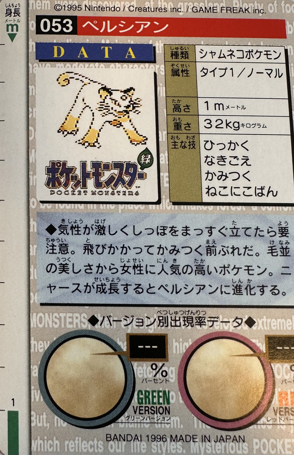 Persian #053 Red Pokemon Japanese 1996 Monsters Collection Bandai Carddass - achterkant