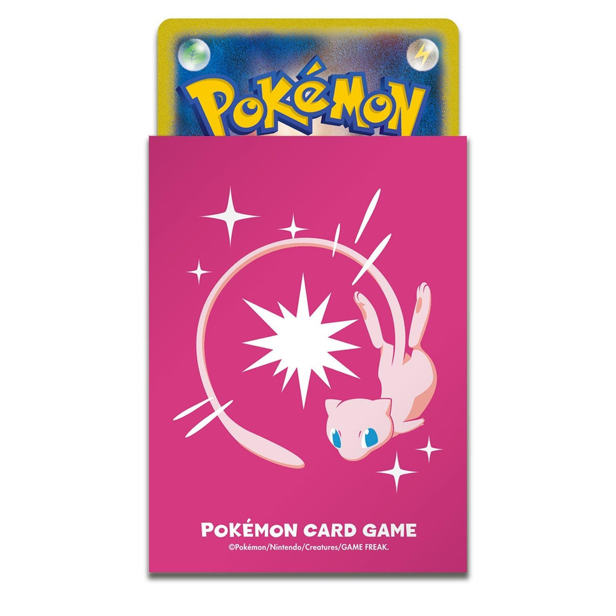 Pokémon Sleeves - Mew (64 stuks, Japans, Battle Partners) – losse sleeve met een kaart erin, close-up van de voorkant (officiële afbeelding Pokémon Center Japan)