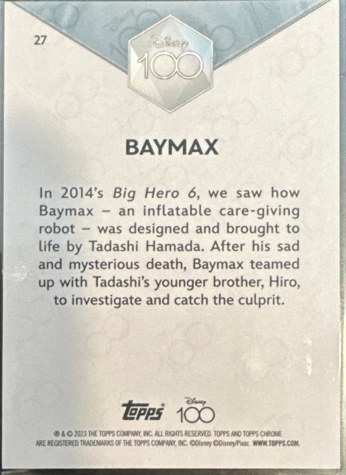 Baymax #27 070/299 - 2023 Topps Chrome Disney 100 Purple Refractor - achterkant | Lichcards