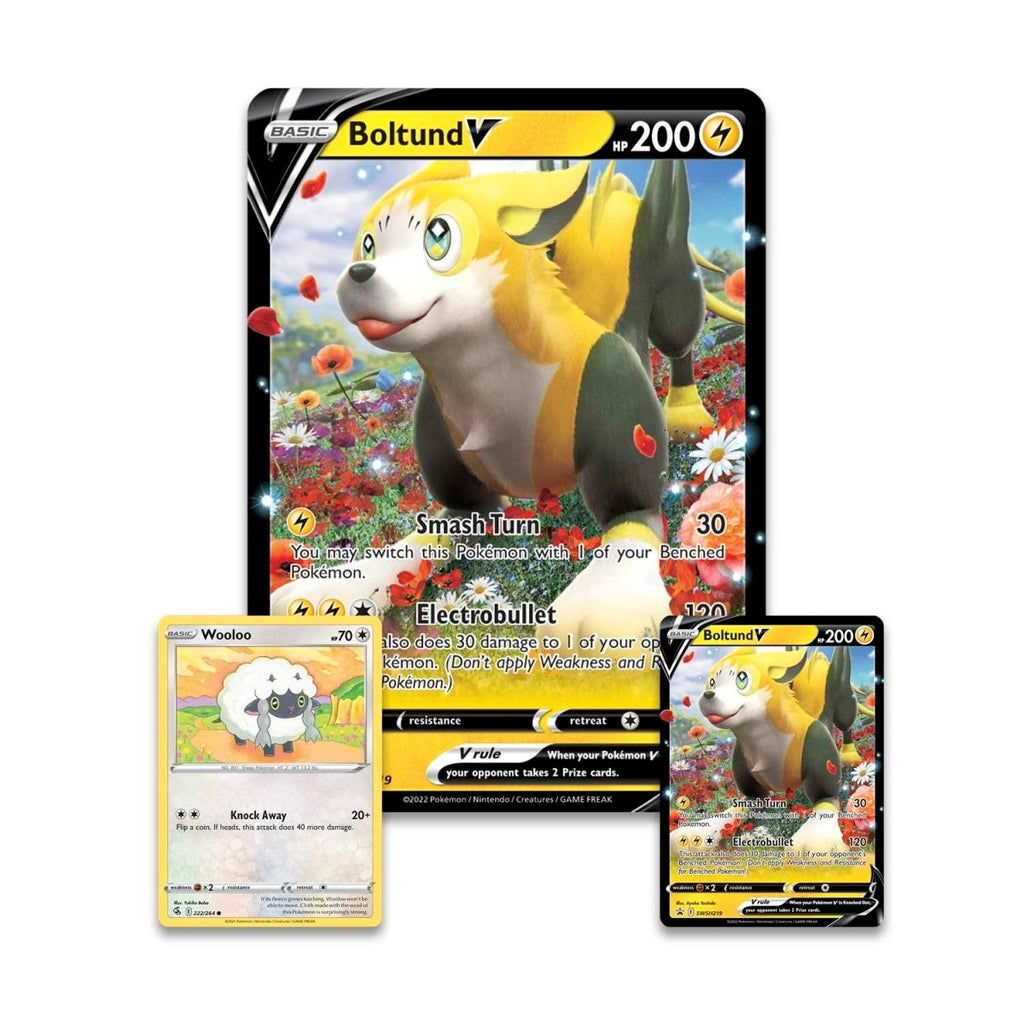 Pokémon Boltund V Box - inhoud: de foil promokaarten Boltund V en Wooloo en de jumbokaart Boltund V