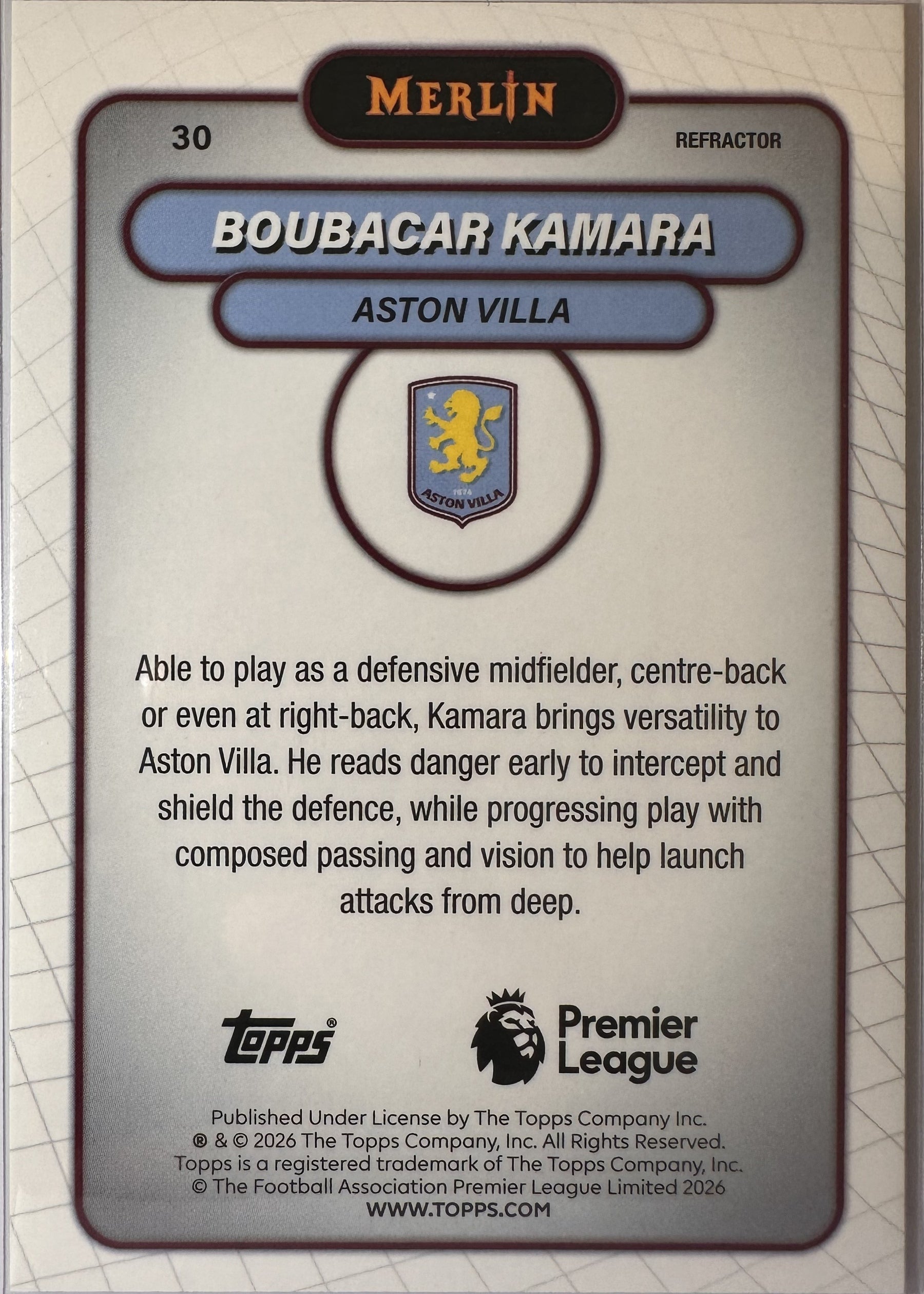 Boubacar Kamara - 2025-26 Topps Merlin Premier League (Refractor) [30] - achterkant