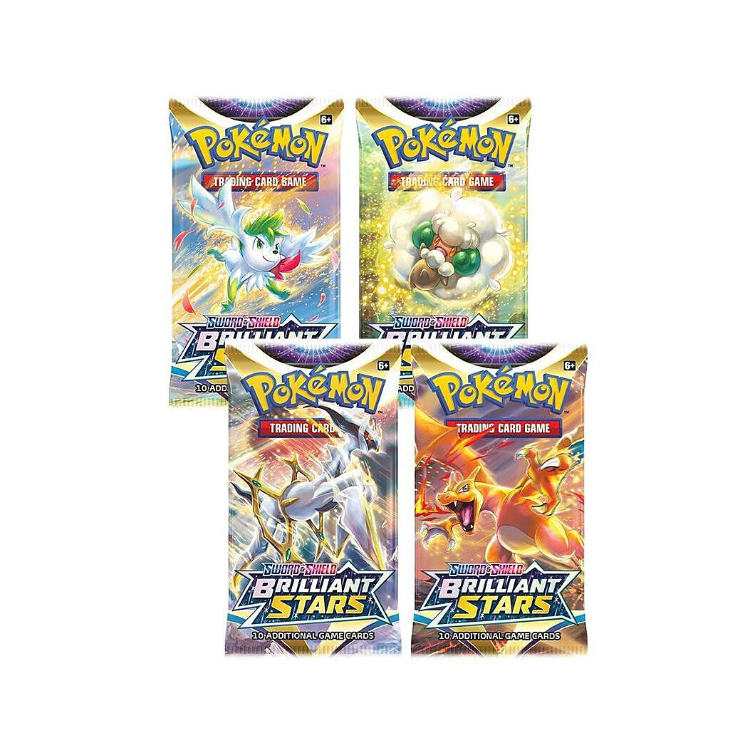 Alle 4 boosterpack-designs van Pokémon Brilliant Stars: Shaymin, Whimsicott, Arceus en Charizard