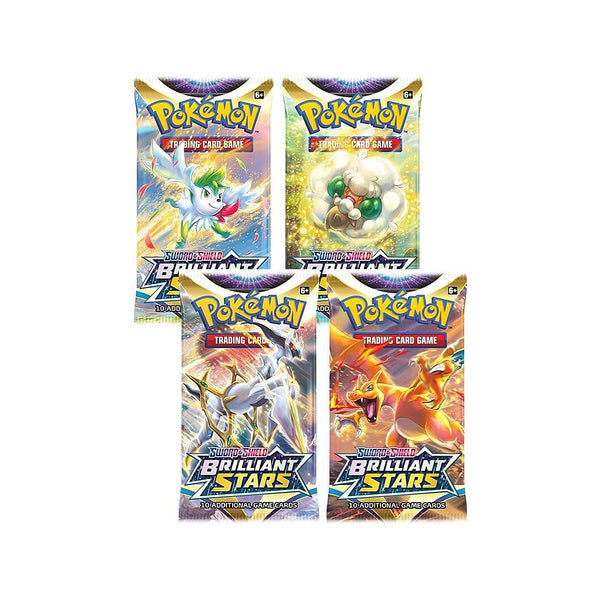 Alle 4 boosterpack-designs van Pokémon Brilliant Stars: Shaymin, Whimsicott, Arceus en Charizard