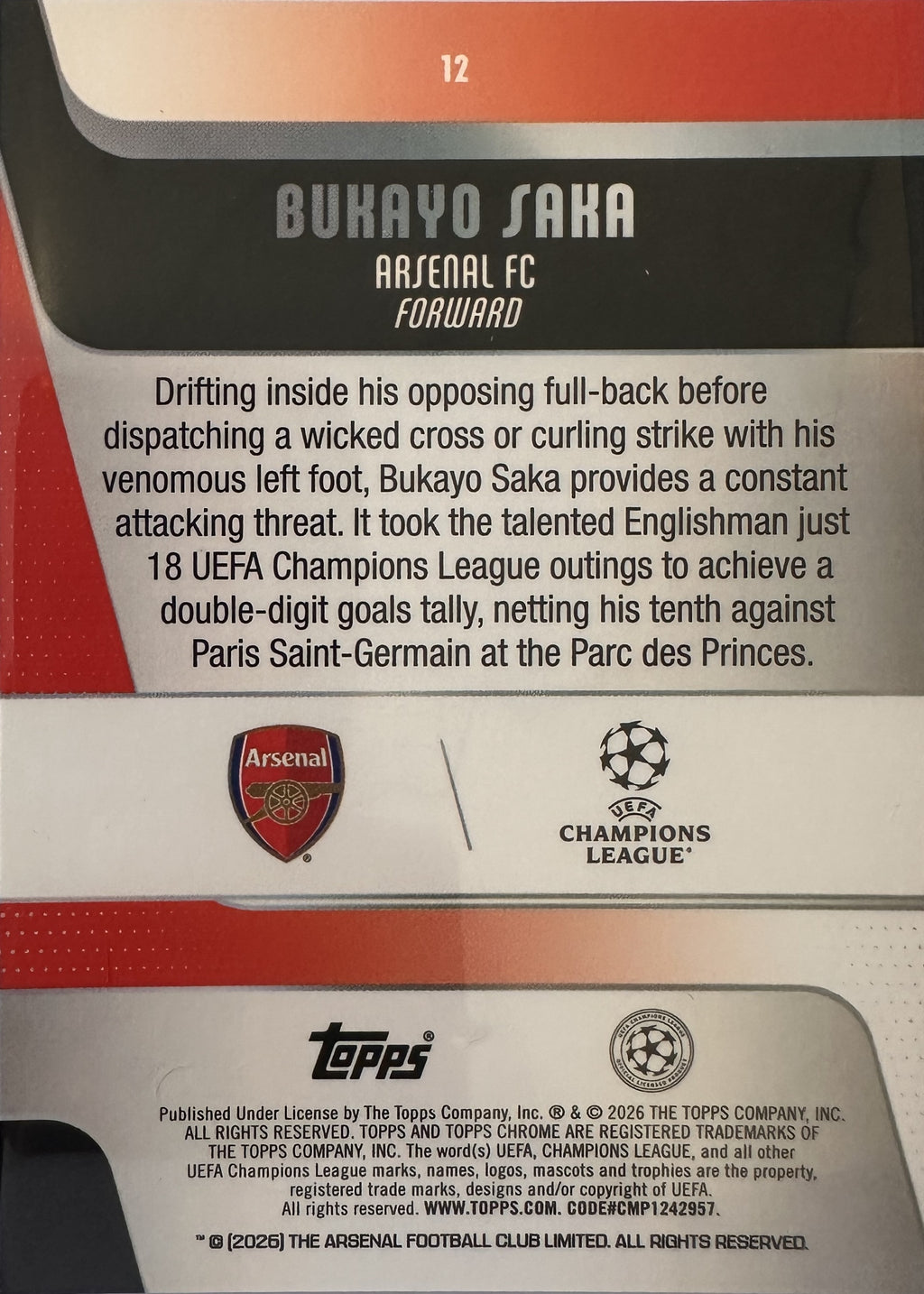 Bukayo Saka - 2025-26 Topps Chrome UEFA Club Competitions (Prism Refractor) [12] - achterkant