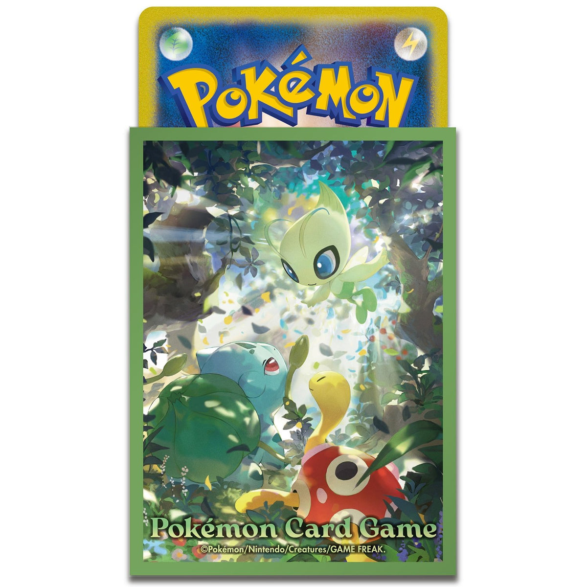 Pokémon Sleeves - Celebi and Friends (64 stuks, Japans) – losse sleeve met een kaart erin, close-up van de voorkant (officiële afbeelding Pokémon Center Japan)