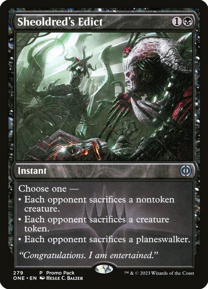 Magic-kaart Sheoldred's Edict PONE-279 uit Phyrexia: All Will Be One: Promos (Uncommon)